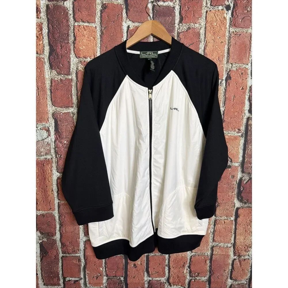 L-RL Lauren Active Womens Jacket Black White Full Zip Up Plus Size 3X